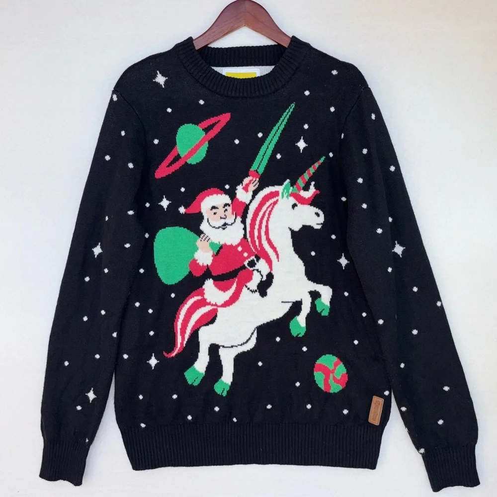 TIPSY‎ ELVES Ugly Christmas Sweater Santa Unicorn Black Long Sleeve Crew Neck XL